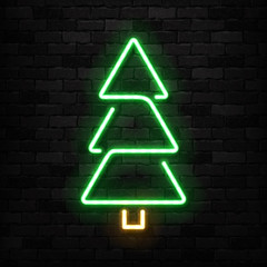 Vector realistic isolated neon sign of Christmas Tree logo for template decoration and invitation covering on the wall background. Concept of Merry Christmas and Happy New Year.