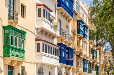 Colorful balconies in Valletta, Malta.