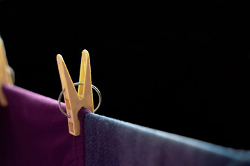 Clothespin clothesline on a rope with linen.