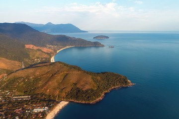 Aerial view of Maresias and Pauba Beaches, Sao Sebastiao, North Coast of Sao Paulo, Brazil. Vacation Travel. Travel destination. Tropical scenery. Great landscape