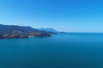 Aerial view of Maresias and Pauba Beaches, Sao Sebastiao, North Coast of Sao Paulo, Brazil. Vacation Travel. Travel destination. Tropical scenery. Great landscape