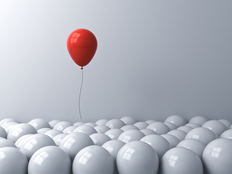 Stand Out From The Crowd And Different Or Think Outside The Box Creative Idea Concepts One Red Balloon Floating Above Other White Balloons On White Background With Window Reflections 3D Rendering