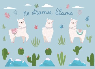 No drama llama cute cartoon set with lettering vector illustration. Collection consists of white lama, alpaca, mountains, cactus and positive inscription. Design for invitations, birthday, room decor © Microstocker.Pro