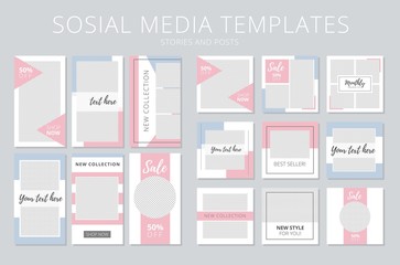 Social media templates stories and posts vector illustration. Collection consists of modern promotion square web banner for networking, mobile apps flat style concept