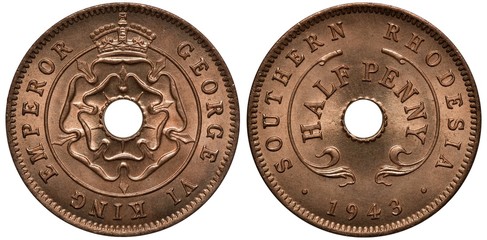 British Southern Rhodesia coin 1/2 half penny 1943, WWII issue, title of King George VI around...