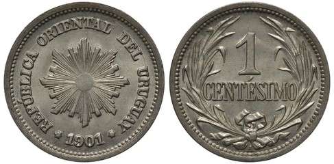 Uruguay Uruguayan coin 1 one centesimo 1901, radiant sun in center, date below, denomination within wreath,