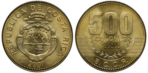 Costa-Rica Costa-Rican coin 500 five hundred colones 2007, shield with sailing ship in front of...