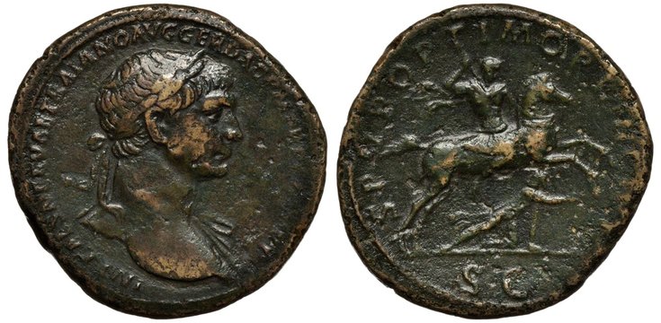 Roman Empire copper coin sestertius 107-110 AD, laureate bust of Emperor Trajan right, Emperor on horse striking enemy,