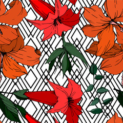 Fototapeta premium Vector Tropical flowers and leaves isolated. Black and white engraved ink art. Seamless background pattern.