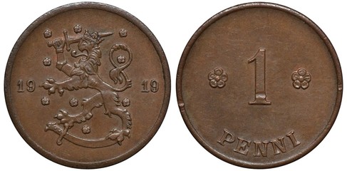 Finland Finnish early date coin 1 one penni 1919, crowned lion with sword left divides date, digit...