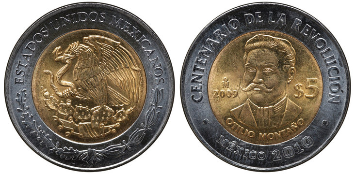 Mexico Mexican bimetallic coin 5 five pesos 2009, subject Centenary of Revolution, arms, eagle on cactus with snake in beak, head of Zapatista general Otilio Montaño Sánchez