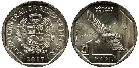 Peru Peruvian coin 1 one sol 2017, subject Fauna, arms, shield with llama, tree and horn of plenty...