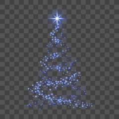 Christmas tree 3d for card. Transparent background. Blue Christmas tree as symbol of Happy New Year, Merry Christmas holiday celebration. Sparkle decoration. Bright star. Vector illustration