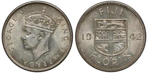 British Fiji silver coin 1 one florin 1942, WWII issue, head of King George VI left, shield with designs divides date,