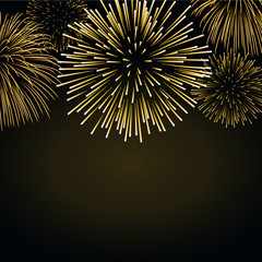 Fototapeta premium Firework gold sparkle background card. Beautiful bright fireworks isolated on black background. Light golden decoration firework for Christmas card, New Year celebration. Vector illustration