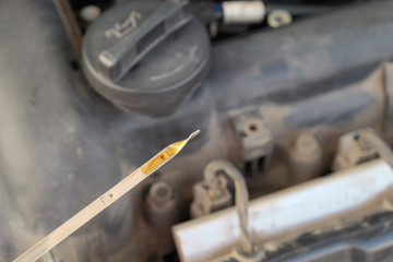 checking the oil level in a car engine
