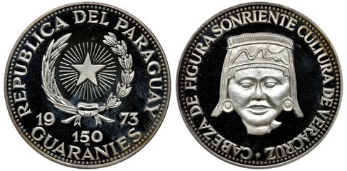 Paraguay Paraguayan silver coin 150 one hundred and fifty guaranies 1973, arms, radiant star...