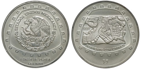 Mexico Mexican silver coin 5 five pesos 1998, subject Pre-Columbian Tolteca Series, eagle on cactus with snake in beak, Indian stone carving – Serpent with skull, 