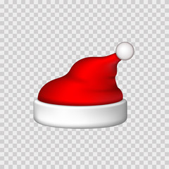 Santa Claus hat 3D. Realistic Santa Claus hat isolated white transparent background Red funny cap silhouette. Merry Christmas clothes cute design. New year decoration wear costume Vector illustration