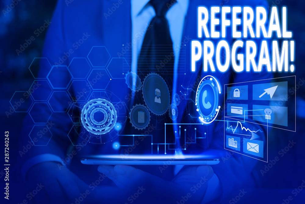 Aufkleber writing note showing referral program. business concept for internal recruitment method employed by 