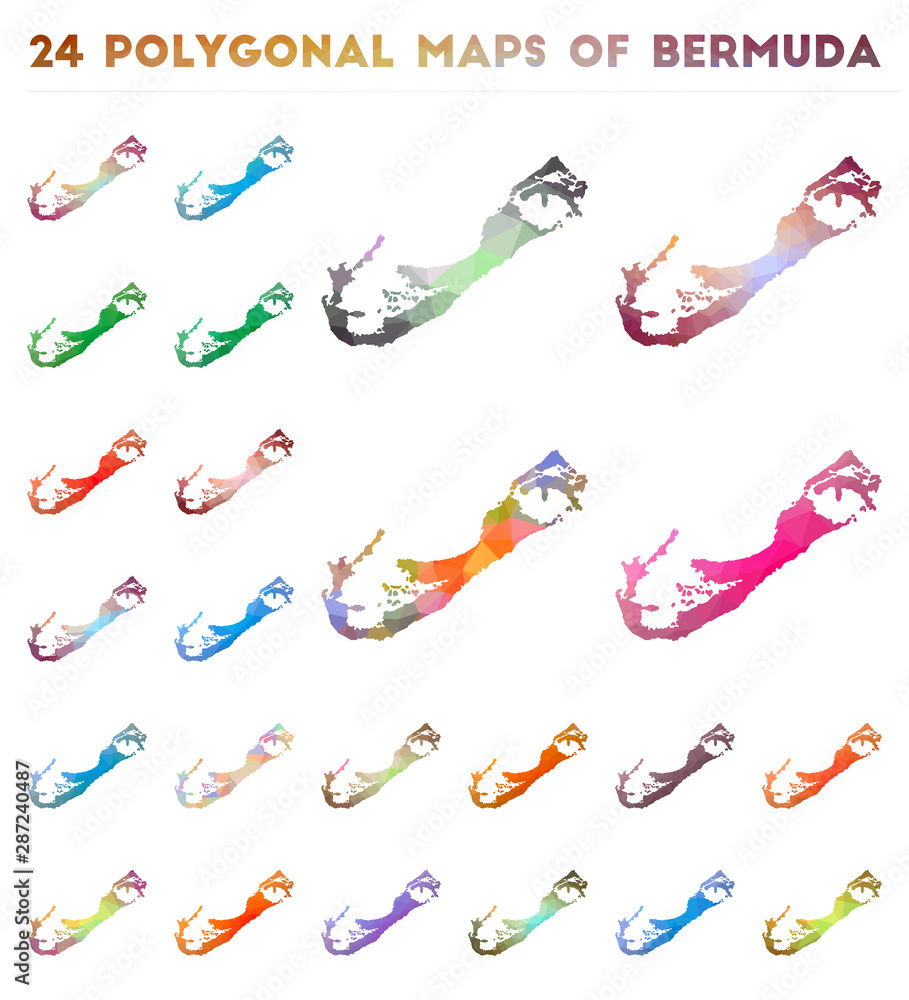 Poster set of vector polygonal maps of bermuda. bright gradient map of island in low poly style. multicolor