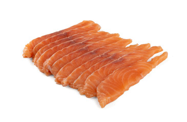 Thin Slices of Raw Salmon Fillet Isolated on White Background
