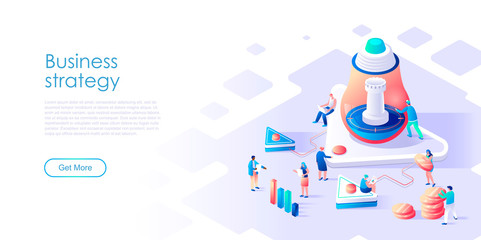 Fototapeta na wymiar Isometric landing page business strategy or marketing flat concept. Data analytics for company marketing solutions for website or homepage. Isometric vector illustration template.