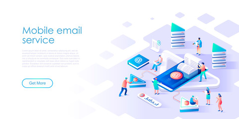 Isometric landing page email service or mobile app flat concept. Webmail or mobile app to send letters for website or homepage. Isometric vector illustration template.