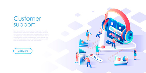 Isometric landing page customer support or service flat concept. Digital user support at any time for website or homepage. Isometric vector illustration template.