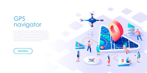 Isometric landing page GPS navigation or support flat concept. Satellite transport navigation and tracking system for website or homepage. Isometric vector illustration template.