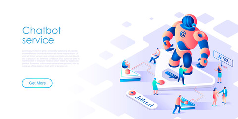 Isometric landing page chatbot or artificial intelligence flat concept. Robot and computer network for website or homepage. Isometric vector illustration template.