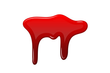 Blood drip 3D. Drop blood isloated white background. Happy Halloween decoration design. Red splatter stain splash spot, horror blot. Bleeding bloodstain scare texture. Liquid paint. Vector illustraton