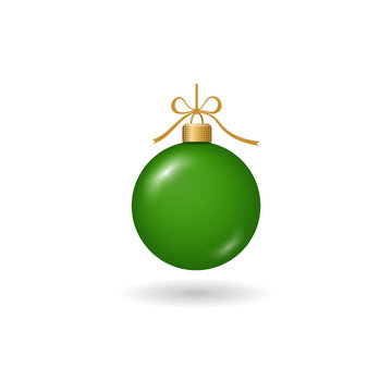 Christmas tree ball with ribbon bow. Green bauble decoration, isolated on white background. Symbol of Happy New Year, Xmas holiday celebration, winter. Flat design for card. Vector illustration
