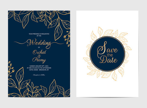 Navy blue wedding invitation cards template with rustic golden leaves. Botanic decorative save the date, greeting, poster multi-purpose use
