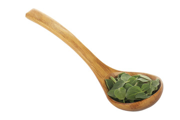 oregano leaves in wooden spoon isolated on white background
