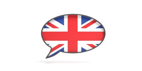 UK flag talk balloon isolated on white. English language concept. 3d illustration