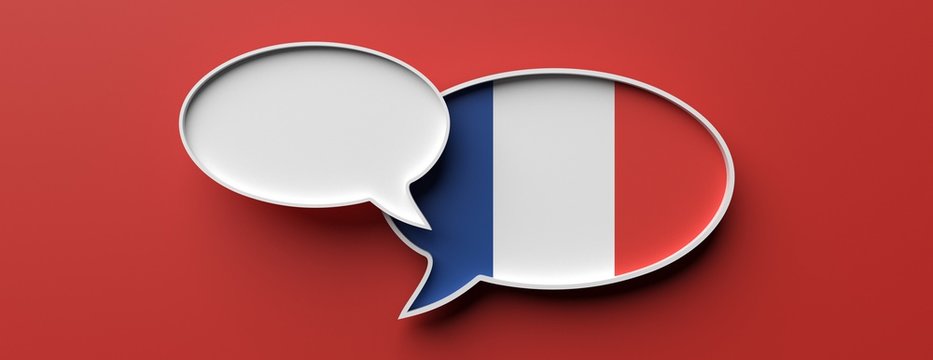 France flag talk balloon and blank speech bubble on red, banner. 3d illustration