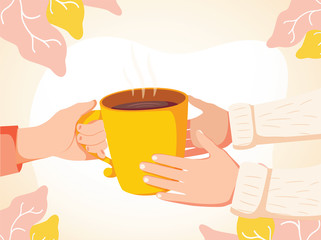 Cartoon vector illustration of Human hand holding a warm cup of tea to another persons hands. Help to the needy humanity