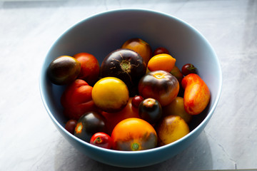 Tomatoes of different varieties in a bowl. Multi-colored washed crop on a plate. Cherry collected from the garden