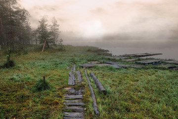 mystical lake in the forest in the fog in autumn with an old wooden pie