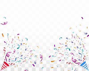Lots of colorful tiny confetti and ribbons on transparent background. Festive event and party. Cone with confetti. Colorful bright confetti isolated on transparent background.