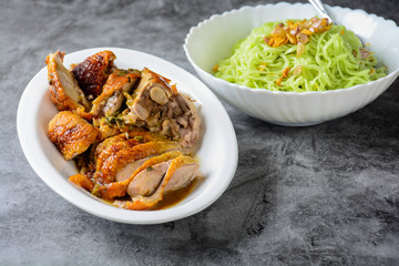 Roasted duck noodles, green noodles with roasted duck, Asian foods