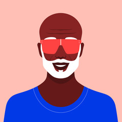 Portrait of an old African man. Stylish grandfather avatar in sunglasses and with a beard.  Vector flat illustration