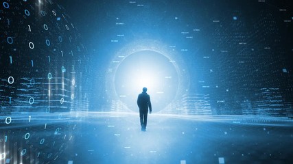 Futuristic cyberspace walking in bright abstract city. Businessman in digital world. - Powered by Adobe