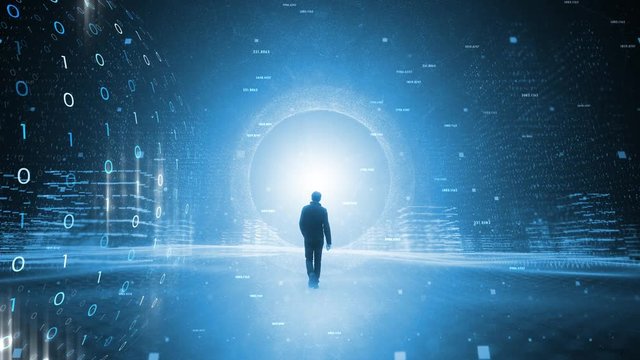 Futuristic cyberspace walking in bright abstract city. Businessman in digital world.