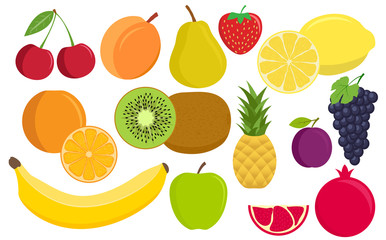 Flat fruit: apple, pear, strawberry, orange, peach, plum, banana, watermelon, pineapple, grapes, cherry, kiwi, lemon
