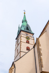 Spiky tower of Church of the Assumption of the Virgin Mary in Jindrichuv Hradec, Czech Republic