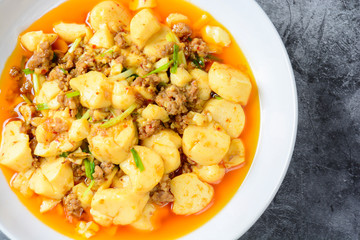 Mapo Tofu, popular Chinese dish.  The classic recipe consists of silken tofu, ground pork or beef and Sichuan peppercorn to name a few main ingredients.