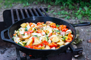 Cast iron stir fry over campfire outdoors cooking