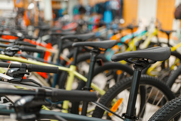 Fototapeta na wymiar Rows of bicycles in sports shop, focus on seat
